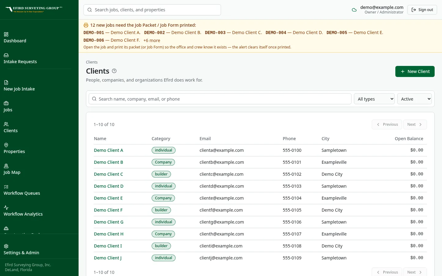 Efird Surveying Group custom software: Updated client directory with filters
