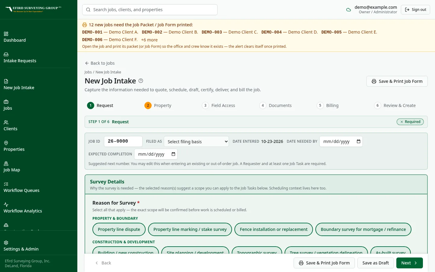 Efird Surveying Group custom software: New intake workflow broken into clear steps