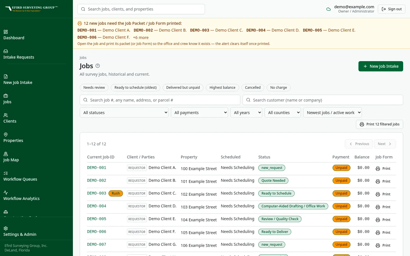 Efird Surveying Group custom software: Modern job list in place of the spreadsheet